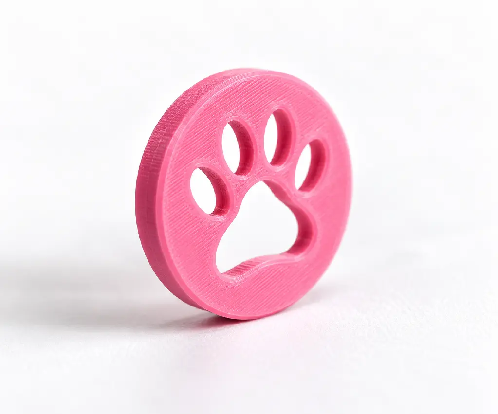 Růžový 3D tištěný žeton s tlapkou.webp